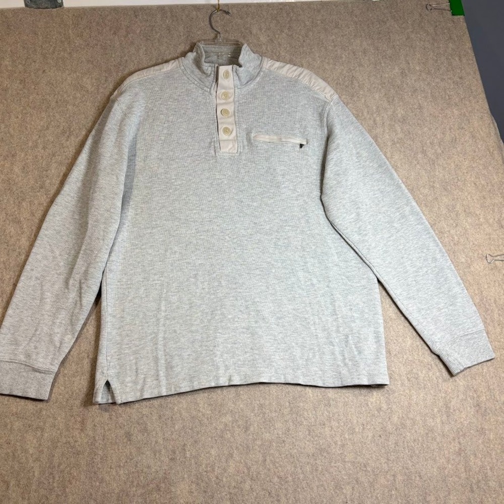 Izod Pullover Sweatshirt Mens L Gray Cotton Quarter Button Pocket Preppy Classic